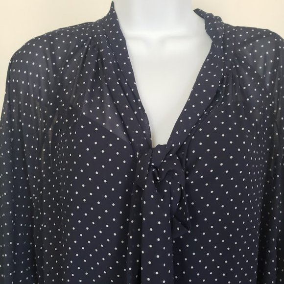 SOLD Michael Kors Womens Dress Large Polka Dot Georgette Tie-Neck Navy Poet Slv - Picture 7 of 12